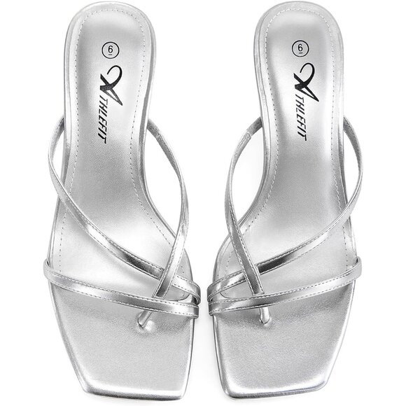 Athlefit Women's Silver Polyurethane Square Open Toe Kitten Heels Thong Sandals - Picture 4 of 6